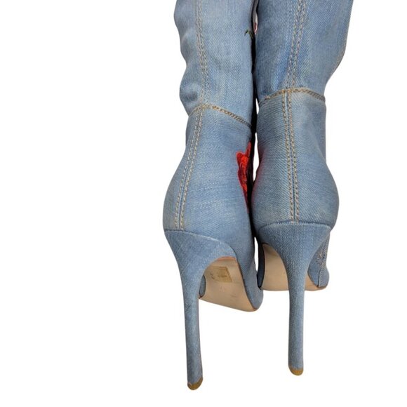 Akira Floral Embroidered Boots Sz 6.5 Thigh High Denim Peep Toe Stiletto 4.5" - Picture 16 of 16